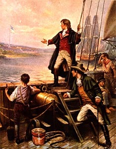 Francis Scott Key standing on boat, with right arm stretched out toward the US flag
